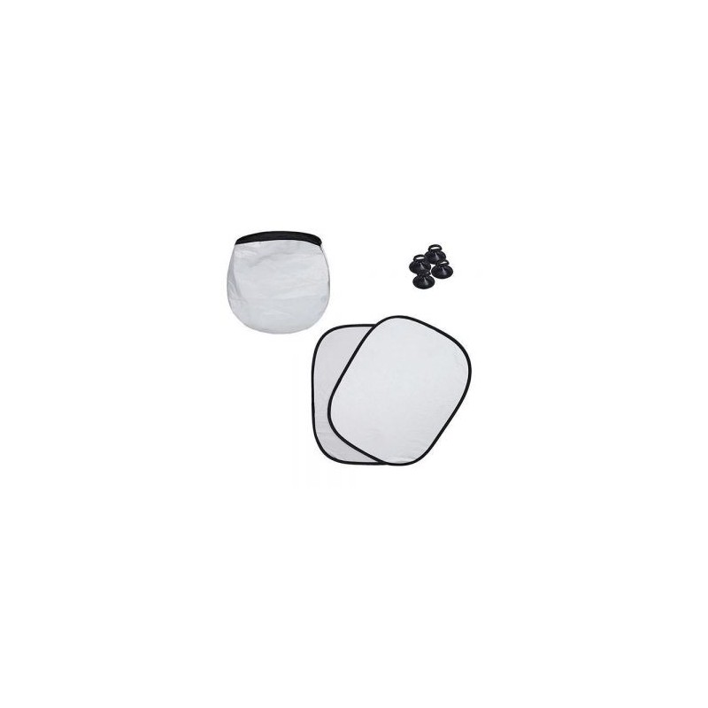 Juego de protectores solares para ventanas. Incluyen chupones, dos piezas y una funda para guardar. Diámetro con funda: 16 cm.