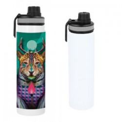 Termo sublimable de acero inoxidable y doble pared insulado al vacío. Cuenta con tapa de rosca con asa de plástico para sujetarl