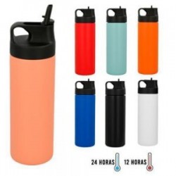 Termo de acero inoxidable de doble pared insulado al vacío con acabado rugoso, su tapa enroscable cuenta con una agarradera, boq