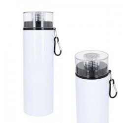 Cilindro de acero inoxidable sublimable con boquilla y tapa enroscable. Incluye gancho metálico.