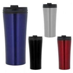 Termo de doble pared con interior de plástico, tapa enroscable y válvula de seguridad.