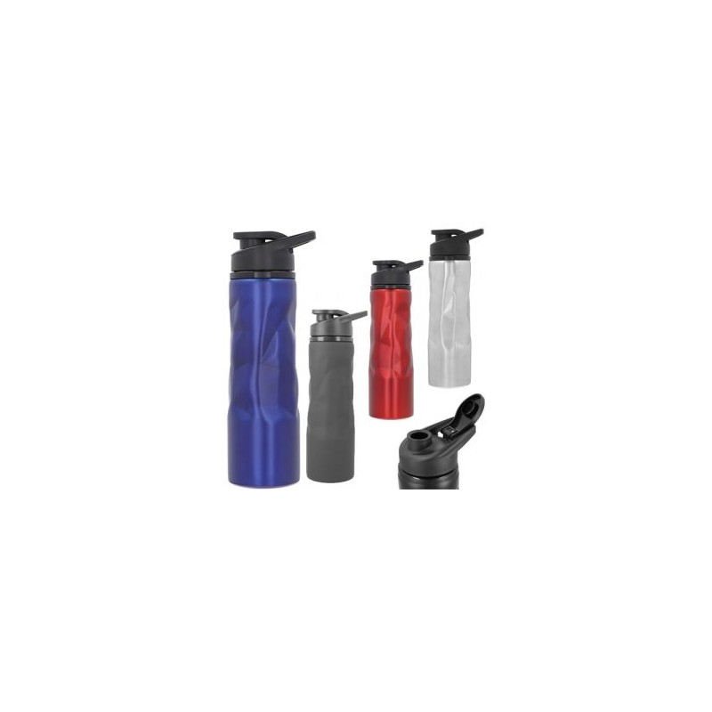 Cilindro metálico de acero inoxidable con asa de plástico.