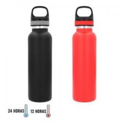 Termo con doble pared de acero inoxidable con tapa de plástico enroscable con cintillo de silicón y textura en el cuerpo.