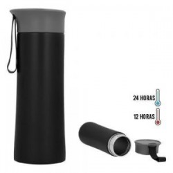 Termo con doble pared de acero inoxidable, tapa de plástico enroscable y correa de silicón.