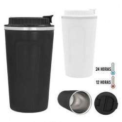 Termo con doble pared de acero inoxidable, con tapa plástica enroscable y boquilla de seguridad.