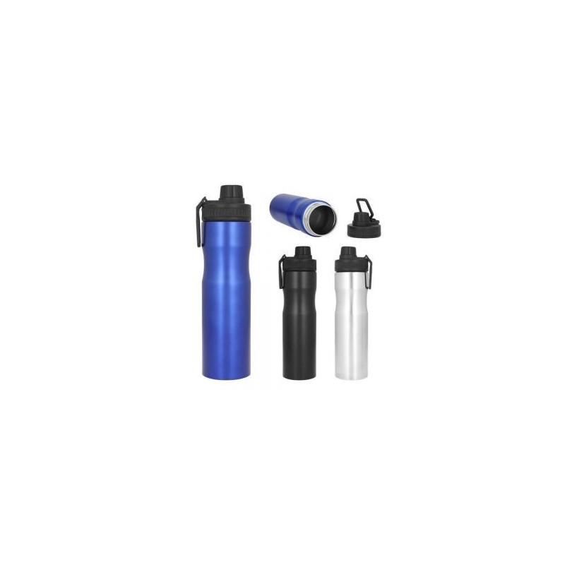 Cilindro de acero inoxidable con sujetador, tapa con cintillo de silicón y boquilla enroscable de plástico.