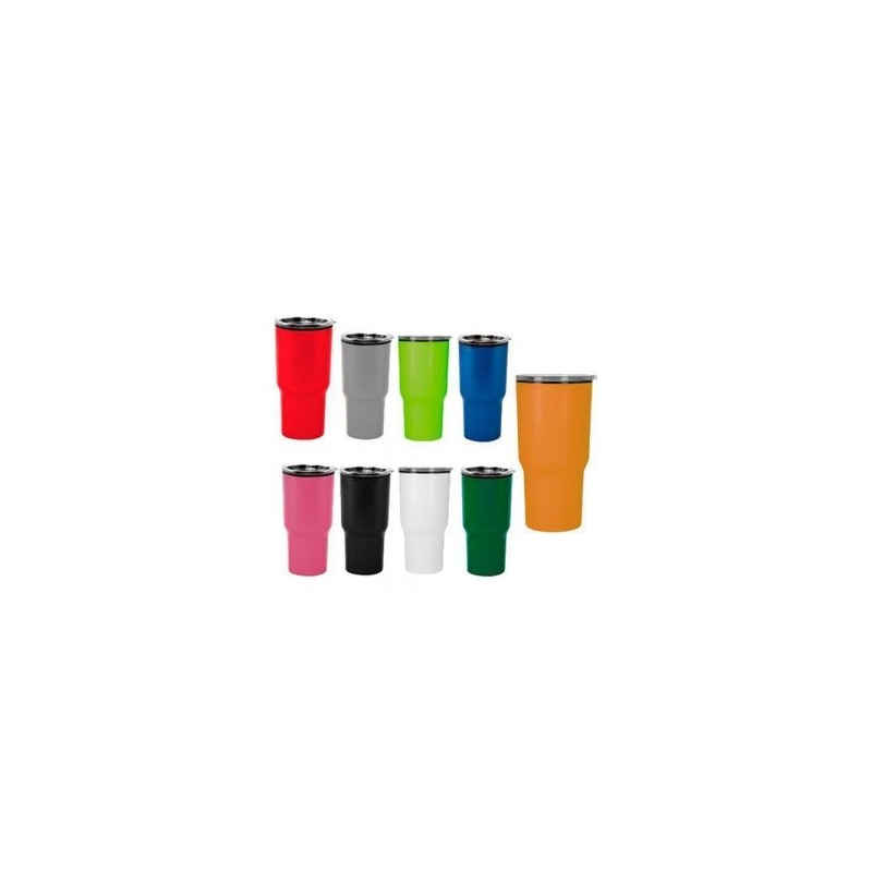 Termo de plástico de doble pared con tapa a presión.