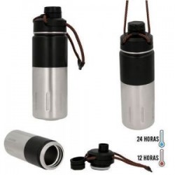 Termo insulado al vacío con doble pared de acero inoxidable. Incluye tapa y boquilla enroscables, además de una cuerda para mejo