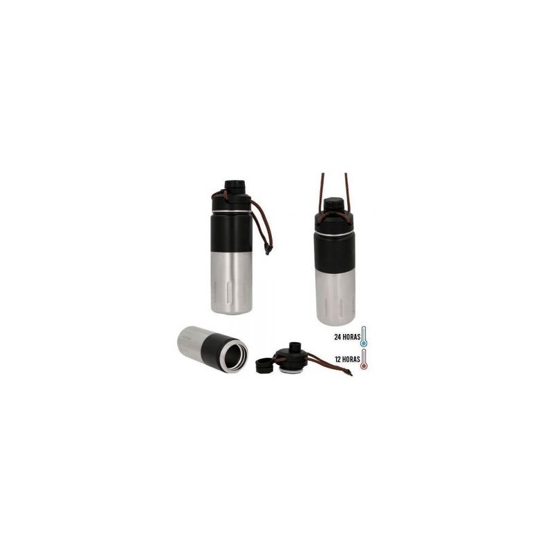 Termo insulado al vacío con doble pared de acero inoxidable. Incluye tapa y boquilla enroscables, además de una cuerda para mejo