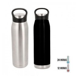 Termo de acero inoxidable con doble pared insulado al vacío con agarradera en la tapa.
