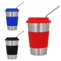 Vaso de acero inoxidable con tapa y cintilla de silicón. Incluye popote.