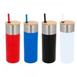 Termo de doble pared de acero inoxidable con tapa de bambú, cierre a presión y popote.