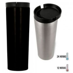 Termo de acero inoxidable de doble pared insulado al vacío y tapa enroscable con mecanismo deslizable.