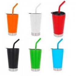 Termo con doble pared de acero inoxidable, insulado al vacío, con tapa de cierre a presión y popote.