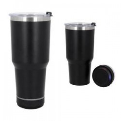 Termo con doble pared de acero inoxidable, insulado al vacío que cuenta con bocina bluetooth con controles de volumen, botón de 