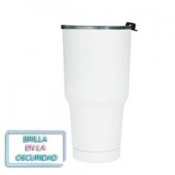 Termo de acero inoxidable con doble pared que brilla en la oscuridad. Incluye tapa de presión.