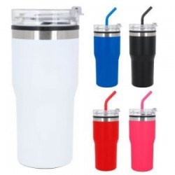 Termo de doble pared con exterior de acero inoxidable e interior de plástico y acabado rugoso. Incluye tapa de rosca con boquill