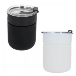 Termo con doble pared de acero inoxidable, insulado al vacío, acabado rugoso, con manga de silicón y tapa de cierre a presión.