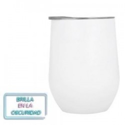 Termo de acero inoxidable con doble pared que brilla en la oscuridad con tapa de cierre a presión transparente.