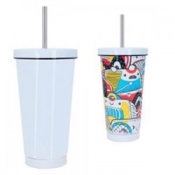 Termo sublimable con doble pared de acero inoxidable, insulado al vacío, popote metalico y tapa enroscable.