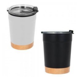 Termo de doble pared con acabado rugoso, exterior de acero inoxidable e interior de plástico y base de bambú. Incluye tapa de ci