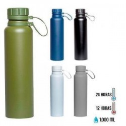 Termo de doble pared de acero inoxidable con acabado rugoso, insulado al vacío con tapa enroscable y correa de silicón.