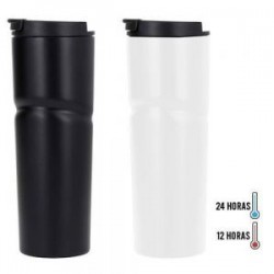 Termo insulado al vacío, con doble pared de acero inoxidable, acabado rugoso, tapa plástica enroscable y boquilla de seguridad.