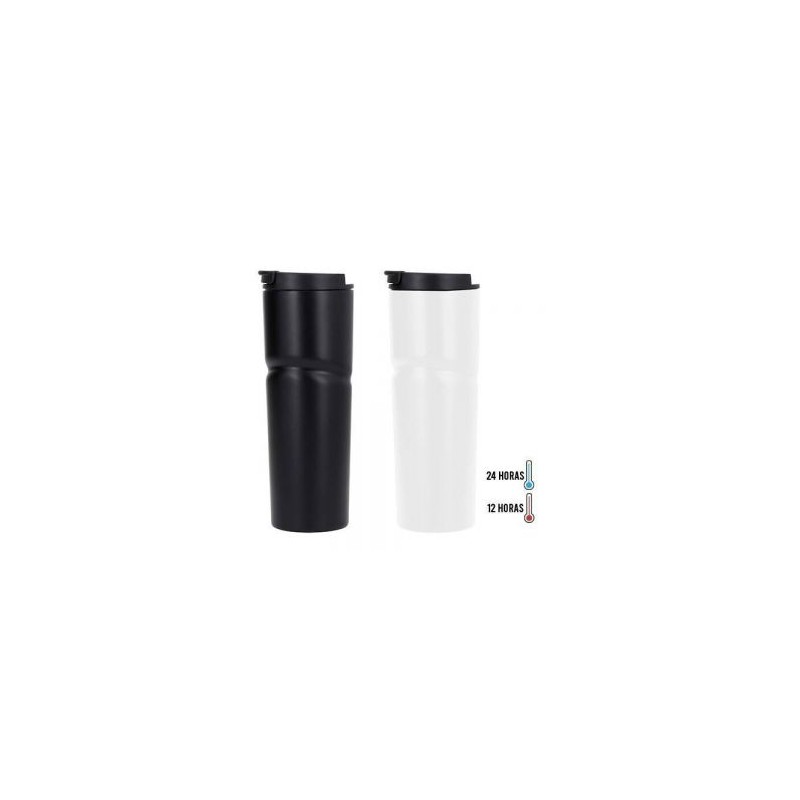 Termo insulado al vacío, con doble pared de acero inoxidable, acabado rugoso, tapa plástica enroscable y boquilla de seguridad.