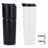 Termo insulado al vacío, con doble pared de acero inoxidable, acabado rugoso, tapa plástica enroscable y boquilla de seguridad.