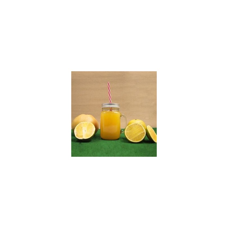 Tarro de vidrio con asa y tapa metálica. Incluye popote rígido.