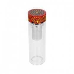 Termo con doble pared de vidrio, infusor de metal y tapa enroscable de bambú. EDICIÓN ALEBRIJE.