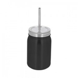 Tarro con doble pared de acero inoxidable, insulado al vacío con tapa de rosca y popote metálico.