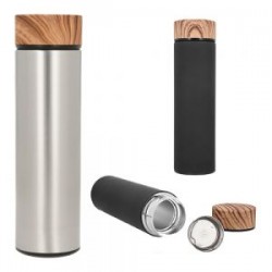 Termo de acero inoxidable con doble pared, acabado rubber, tapa con simulación de madera e infusor.