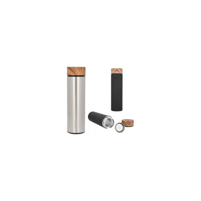 Termo de acero inoxidable con doble pared, acabado rubber, tapa con simulación de madera e infusor.