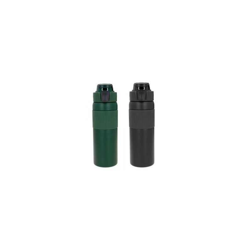 Termo de doble pared de acero inoxidable, insulado al vacío, acabado rugoso, con manga de silicón, tapa enroscable, asa y botón 