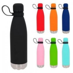 Termo con doble pared de acero inoxidable, insulado al vacío, acabado rubber, tapa enroscable y asa de silicón.