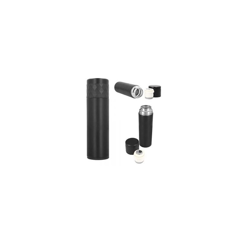 Termo de doble pared de acero inoxidable con tapa que se utiliza como vaso.