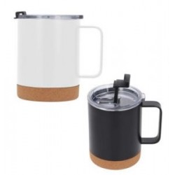 Taza con doble pared de acero inoxidable, base de corcho y tapa de cierre a presión.