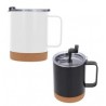 Taza con doble pared de acero inoxidable, base de corcho y tapa de cierre a presión.
