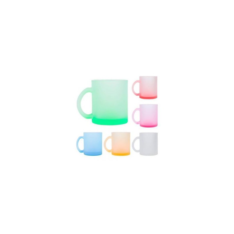 Taza de vidrio sublimable con acabado frost, degradado en la base y asa.