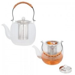 Tetera de vidrio con infusor de acero inoxidable, tapa y asa metalica recubierta con cuerda.