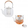 Tetera de vidrio con infusor de acero inoxidable, tapa y asa metalica recubierta con cuerda.