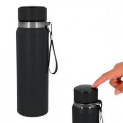 Termo con doble pared de acero inoxidable, acabado rugoso, tapa enroscable y asa.