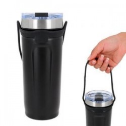 Termo con doble pared de acero inoxidable, insulado al vacío, acabado rugoso, tapa de cierre a presión y banda elástica.