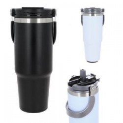 Termo con doble pared de acero inoxidable, insulado al vacío, acabado rugoso, tapa enroscable con cierre a presión y popote. Inc
