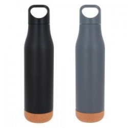 Termo con doble pared de acero inoxidable, insulado al vacío, acabado rugoso, base de corcho, y tapa enroscable con asa. Cap. 50