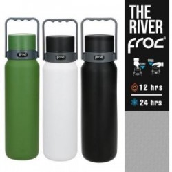 Termo con doble pared de acero inoxidable insulado al vacio, base antiderrapante, tapa hermética con coladera metálica y mecanis