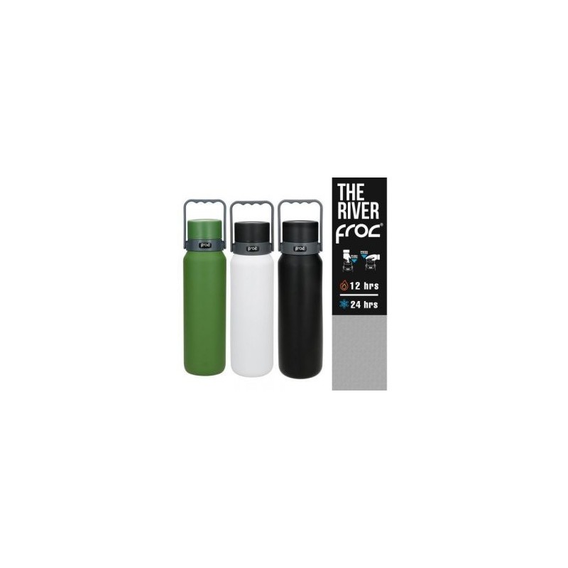 Termo con doble pared de acero inoxidable insulado al vacio, base antiderrapante, tapa hermética con coladera metálica y mecanis