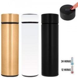 Termo con doble pared de acero inoxidable con termómetro digital que mide la temperatura de tu bebida, colador metálico y tapa e