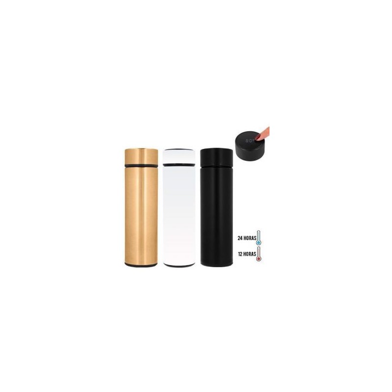 Termo con doble pared de acero inoxidable con termómetro digital que mide la temperatura de tu bebida, colador metálico y tapa e